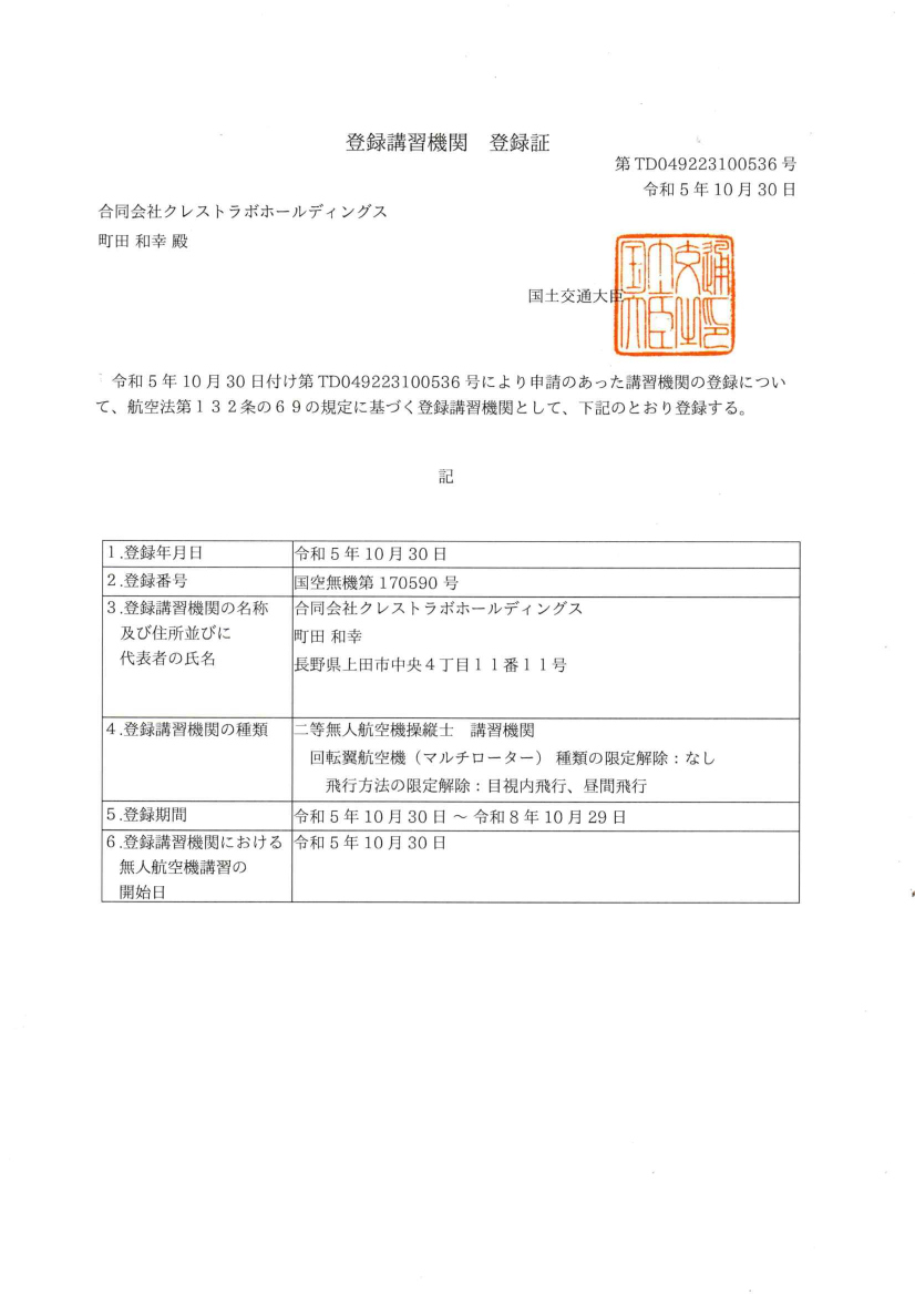 二等無人航空機　講習機関　登録証